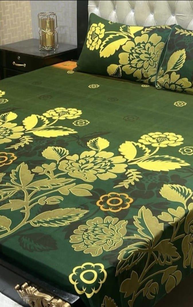 Green Printed Double Bedsheet Set Crystal Cotton 3Pc