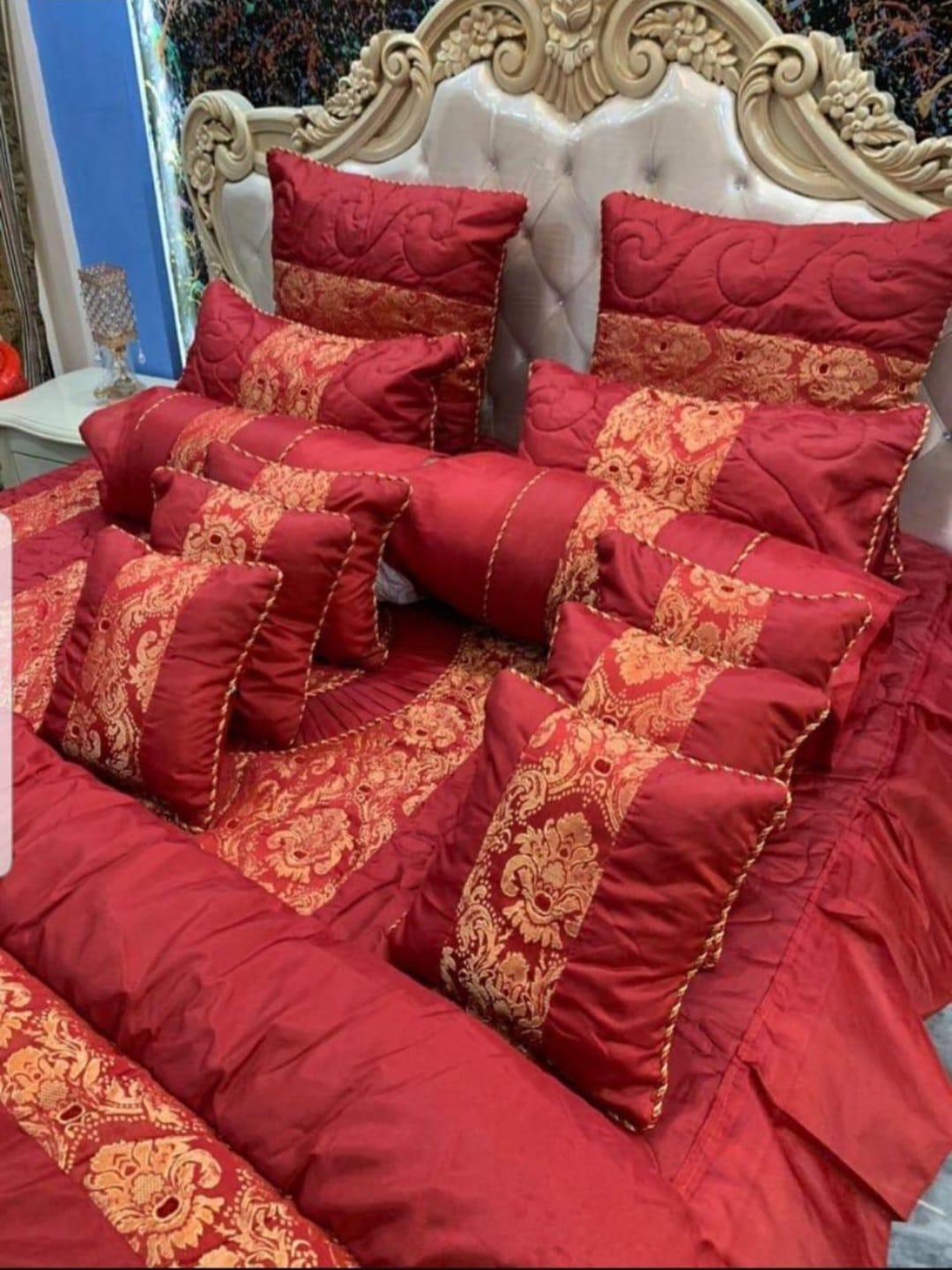 King Size Velvet Jacquard Bedding Set Red Gold Patchwork