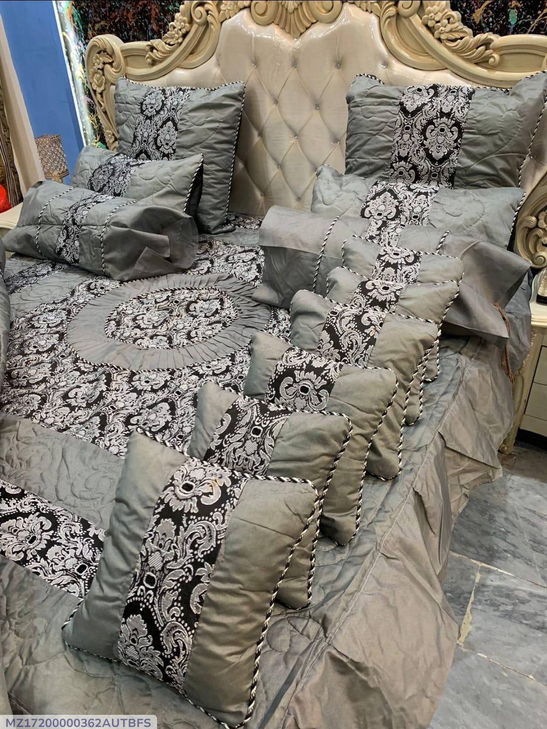 Grey Silk Jacquard Razai Bed Set King Size 14 Pcs
