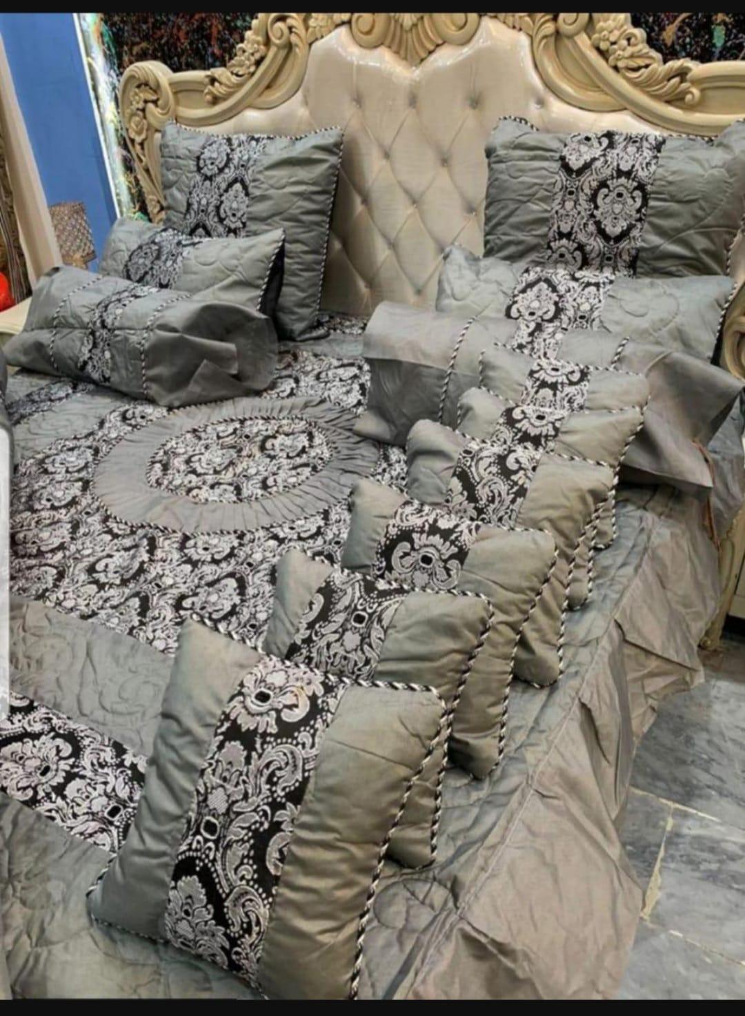 Grey Silk Jacquard Razai Bed Set King Size 14 Pcs