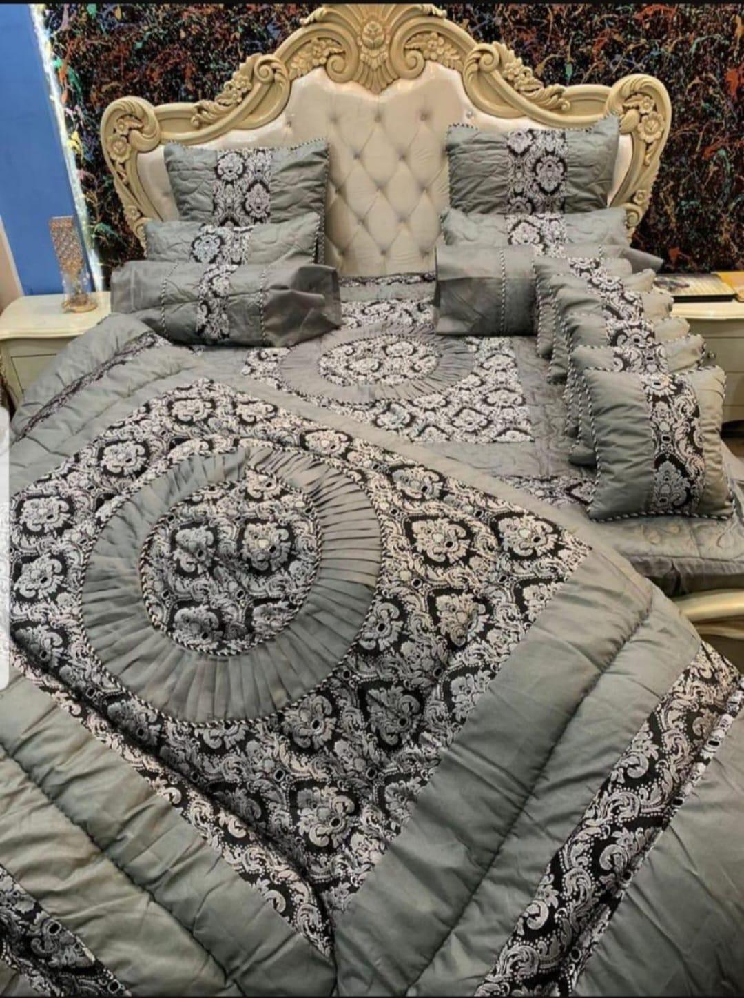 Grey Silk Jacquard Razai Bed Set King Size 14 Pcs