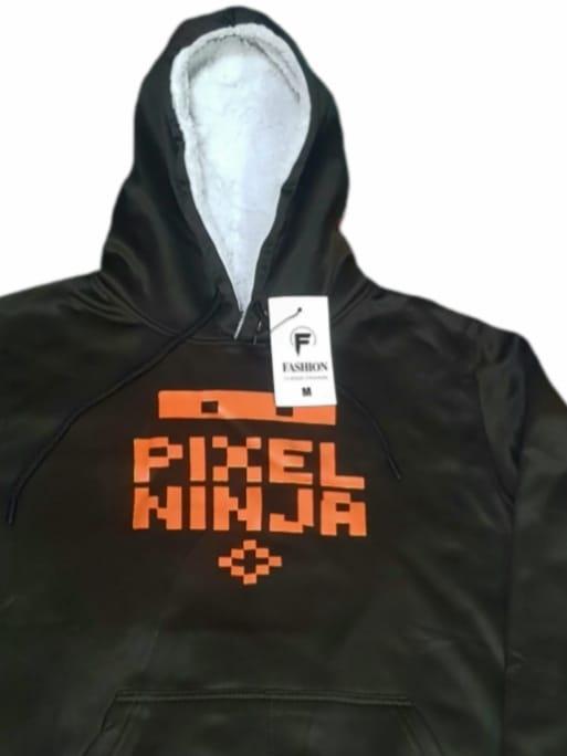 Men Pixel Ninja Hoodie Black Orange Fleece