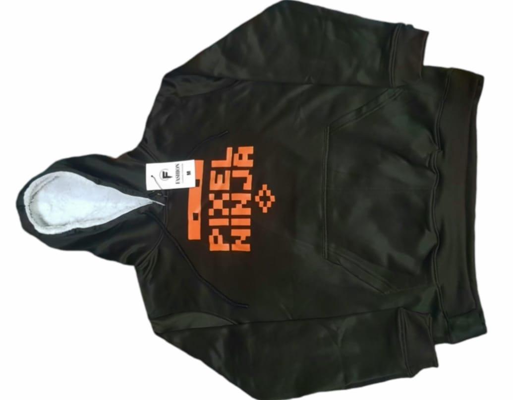 Men Pixel Ninja Hoodie Black Orange Fleece