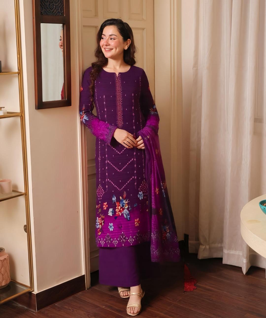 3 Pcs Women's Unstitched Printed Embroidered Suit