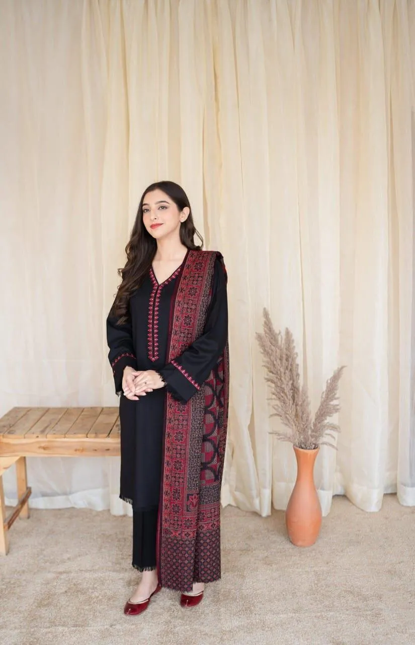 Black Dhanak Embroidered 3 Pcs Suit with Digital Print Dupatta