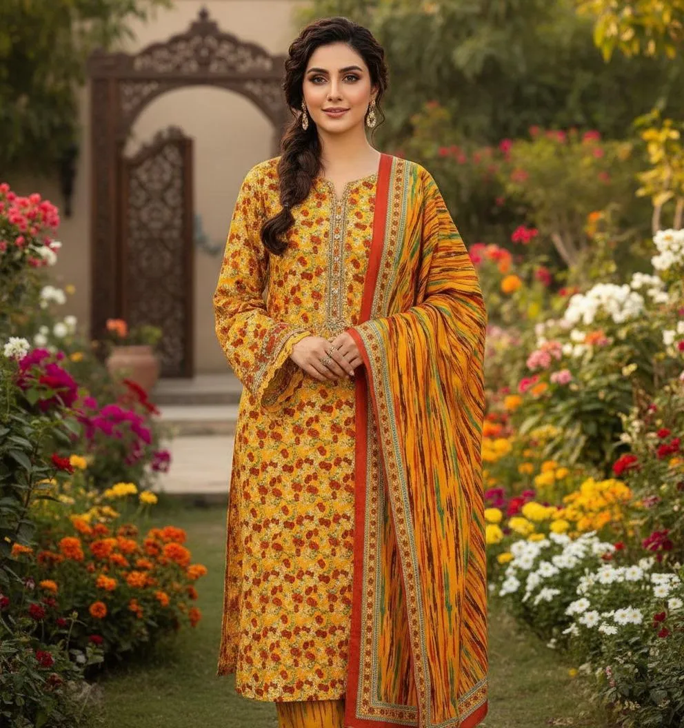 Khaddar 3 Pcs Suit | Maria B. 3 Pcs Suit | Winter Collection | Unstiched 3 Pcs Suit | Branded  3 Pcs Suit | 3 Pcs Women's Unstitched Printed Suit | Kaysariya Allovera Khaddar 3 Pcs