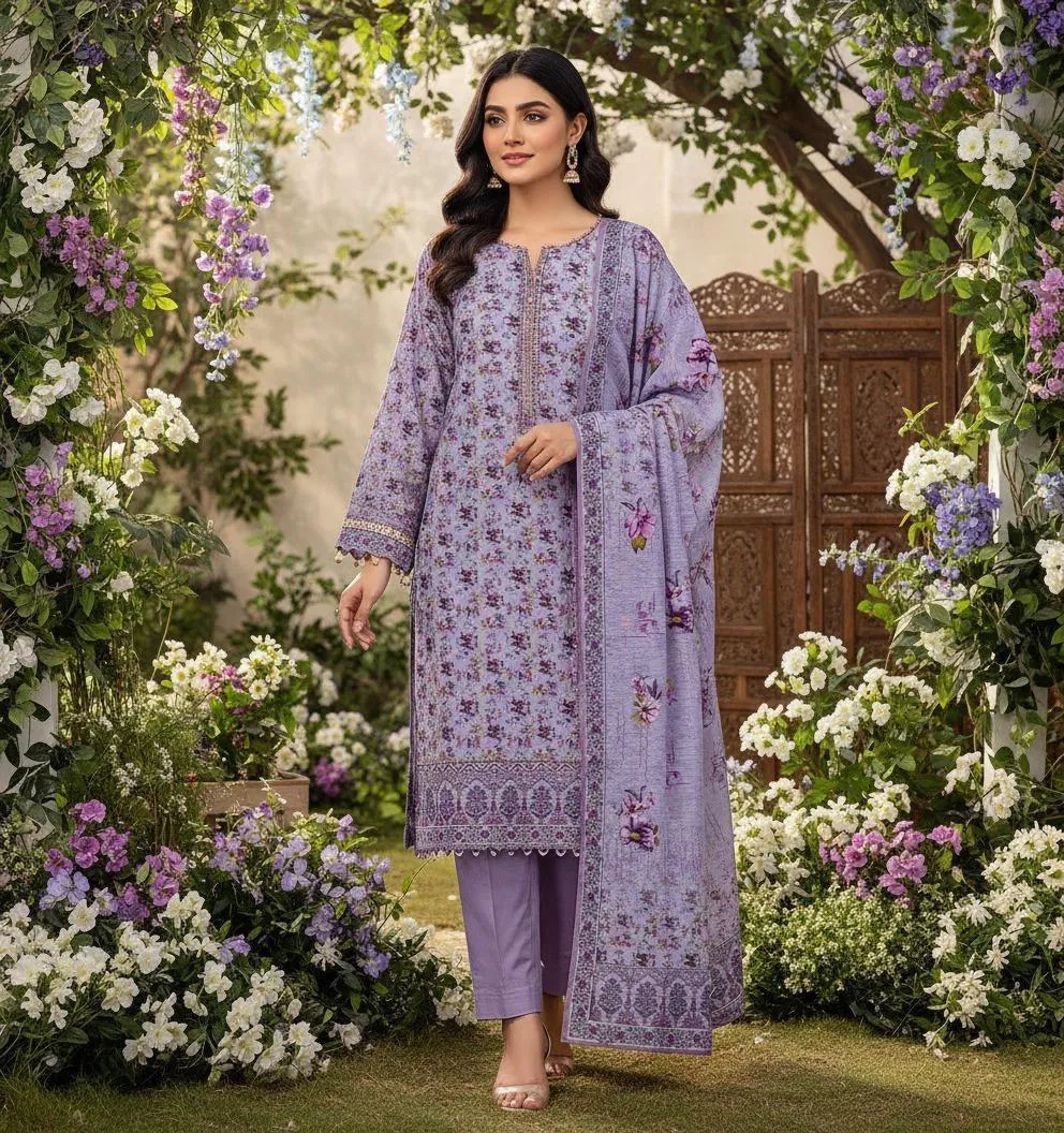 3 Pcs Women's Unstitched Khaddar Printed Suit