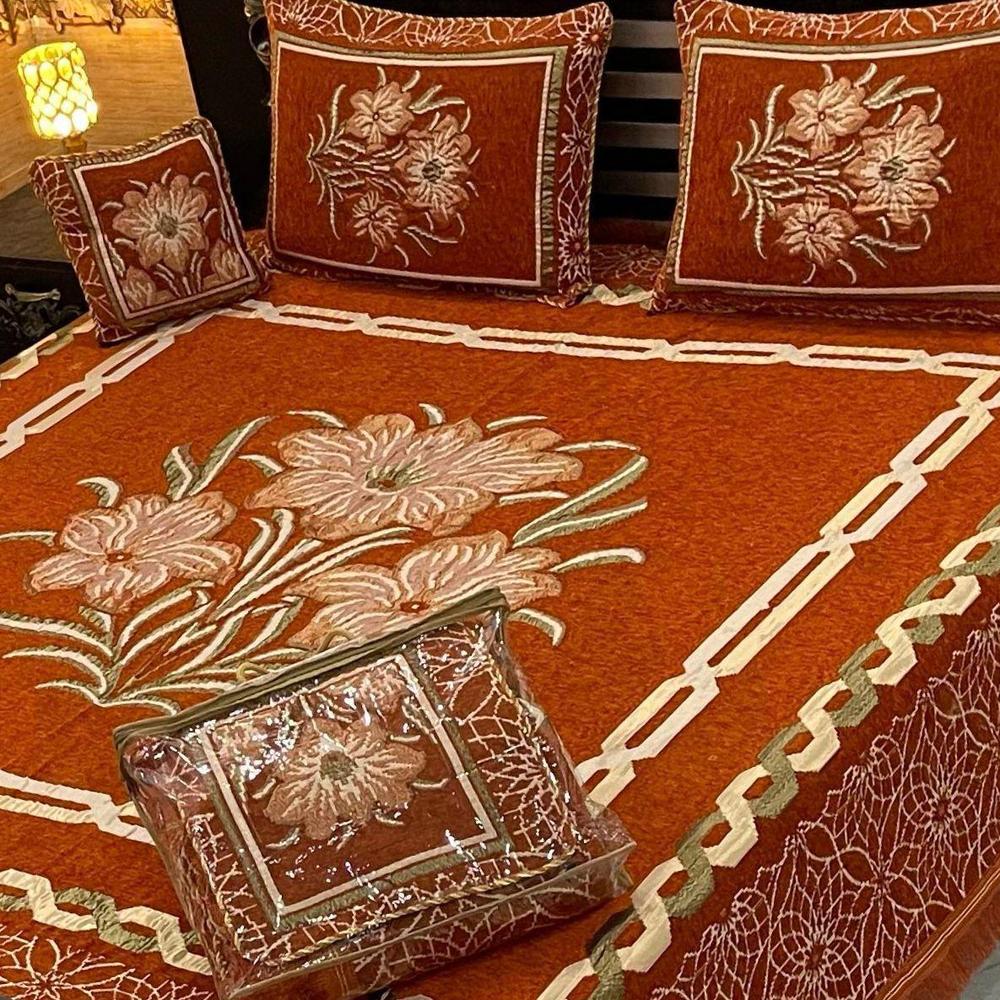 4 Pcs Velvet Jacquard Embroidered Double Bedsheet
