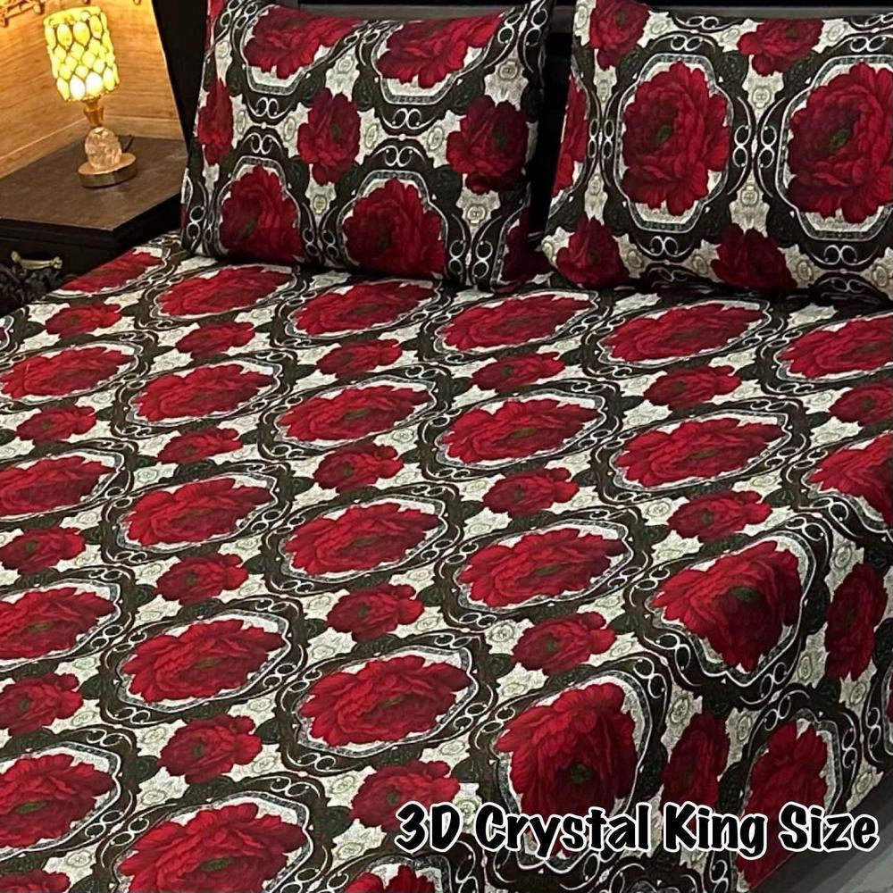 3 Pcs Crystal Cotton Printed Double Bedsheet