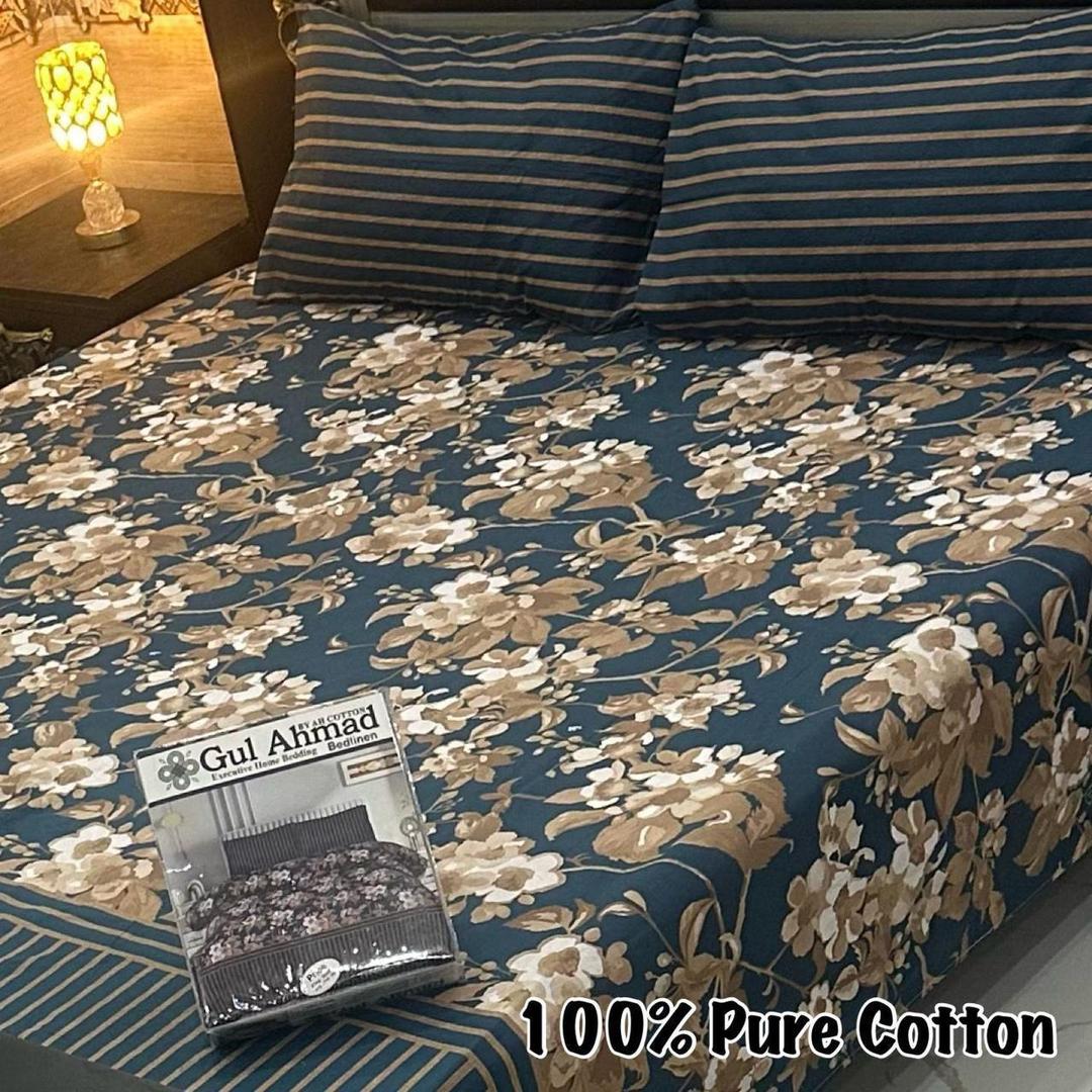 3 Pcs Cotton Printed Double Bedsheet