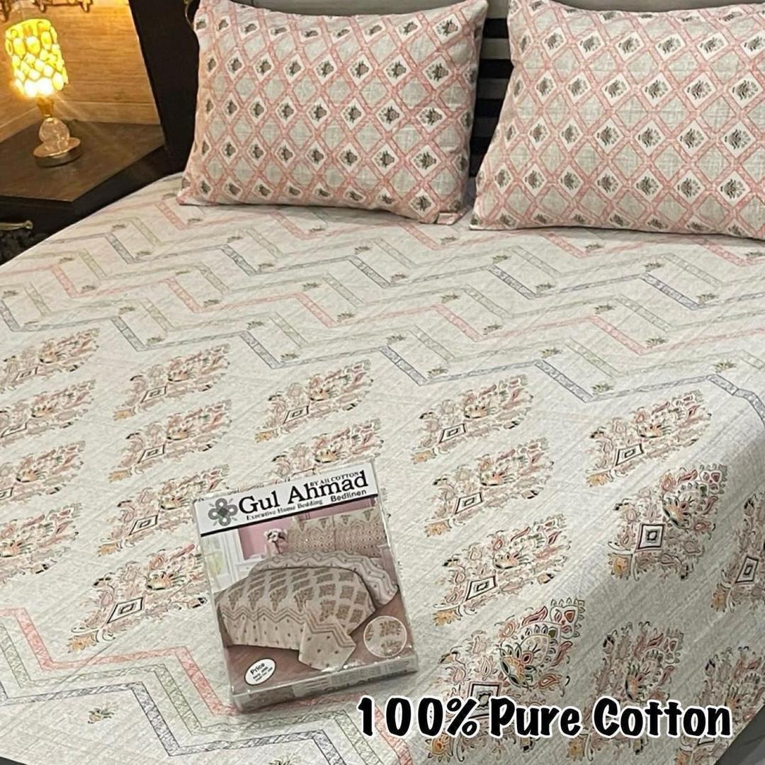 3 Pcs Cotton Printed Double Bedsheet