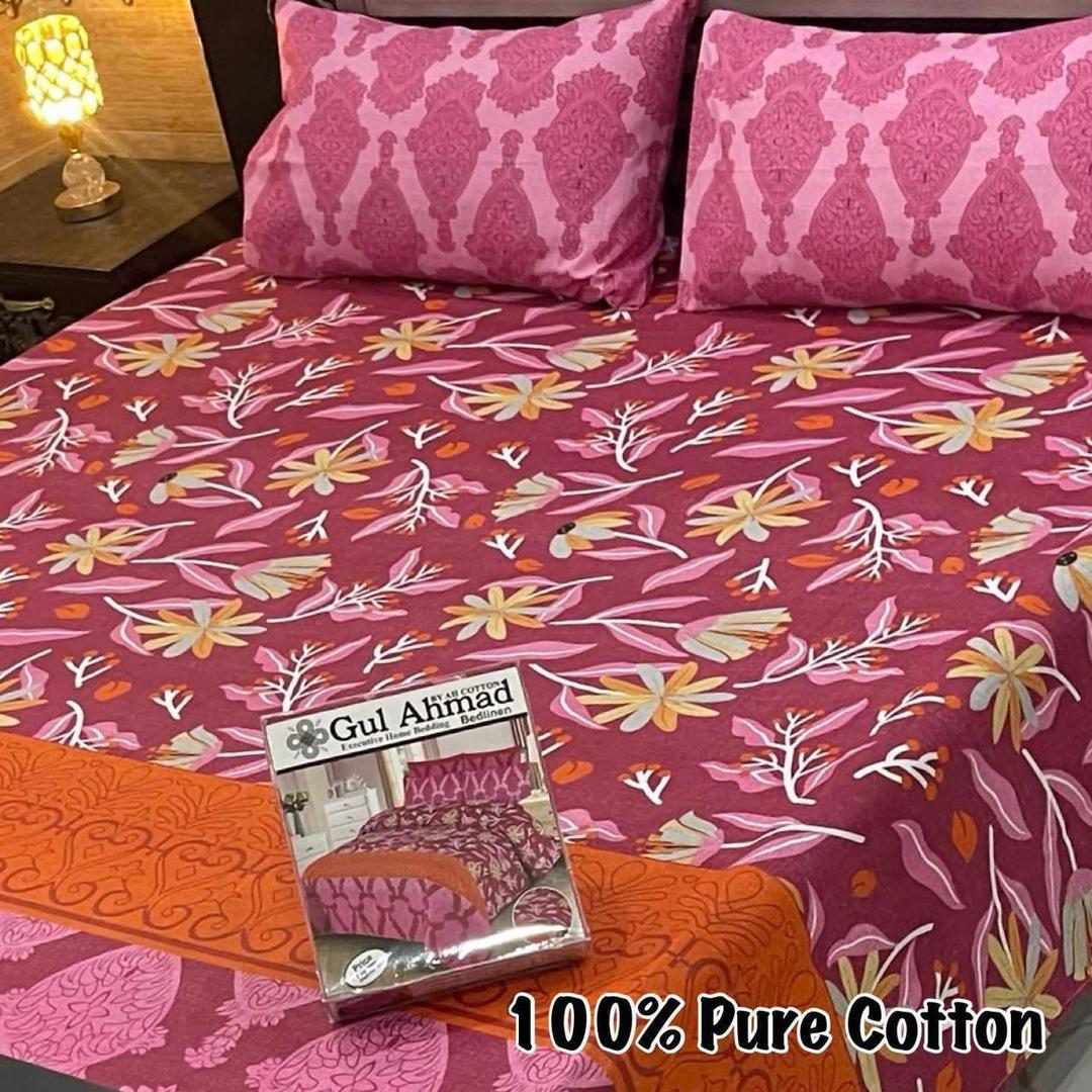 3 Pcs Cotton Printed Double Bedsheet