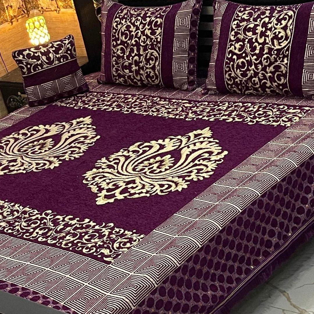 4 Pcs Velvet Jacquard Embroidered Double Bedsheet