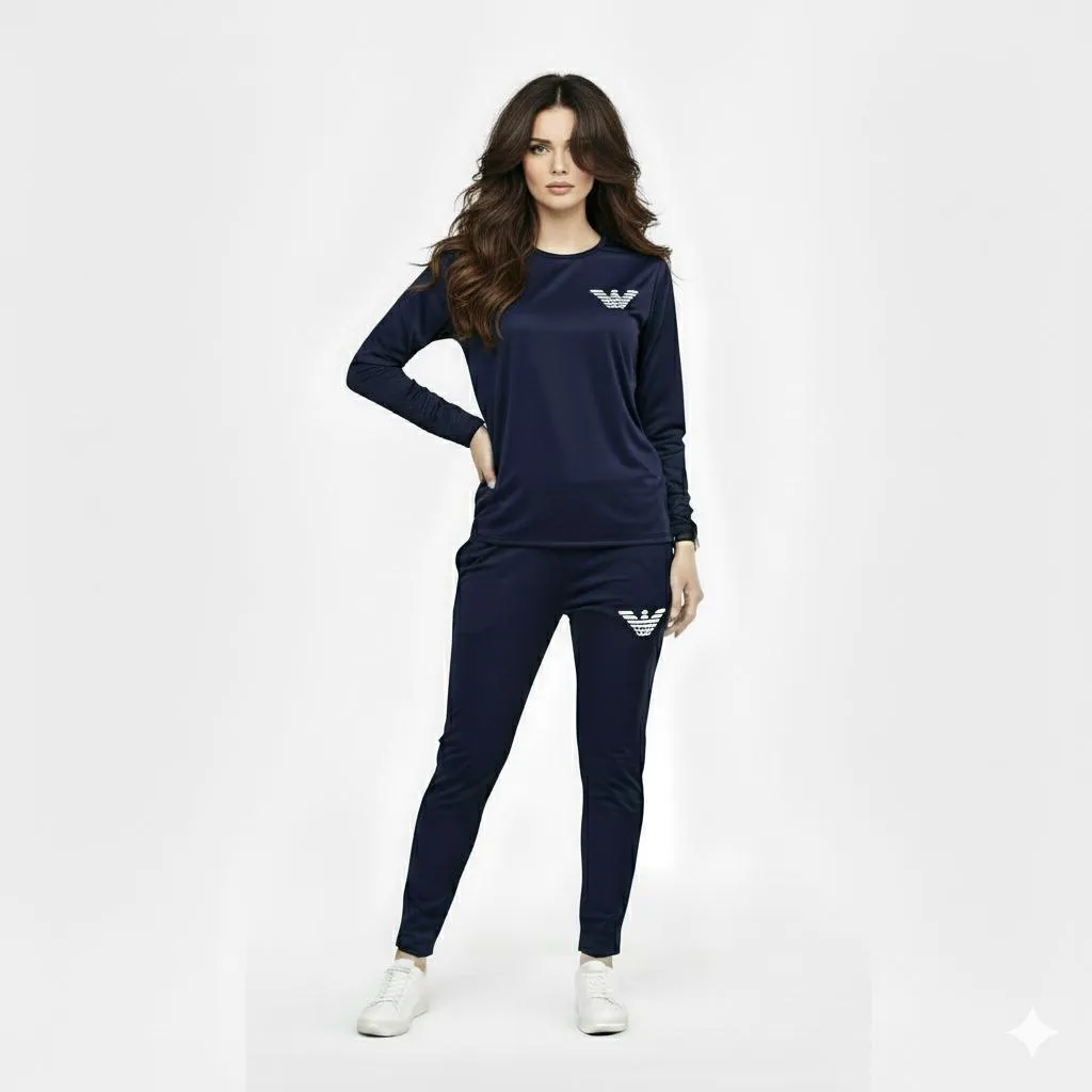 2 Pcs Women's Stitched Micro Interlock Printed Tracksuit BLUE ARM