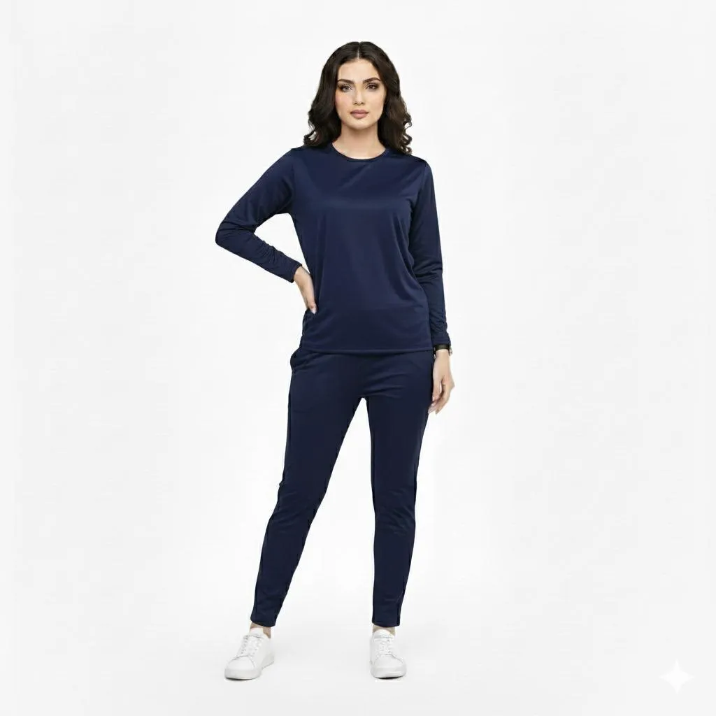 2 Pcs Women's Stitched Micro Interlock Printed Tracksuit BLUE SIMPLE PLAIN
