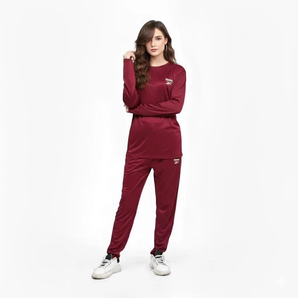 2 Pcs Women's Stitched Micro Interlock Printed Tracksuit MEHROON REE