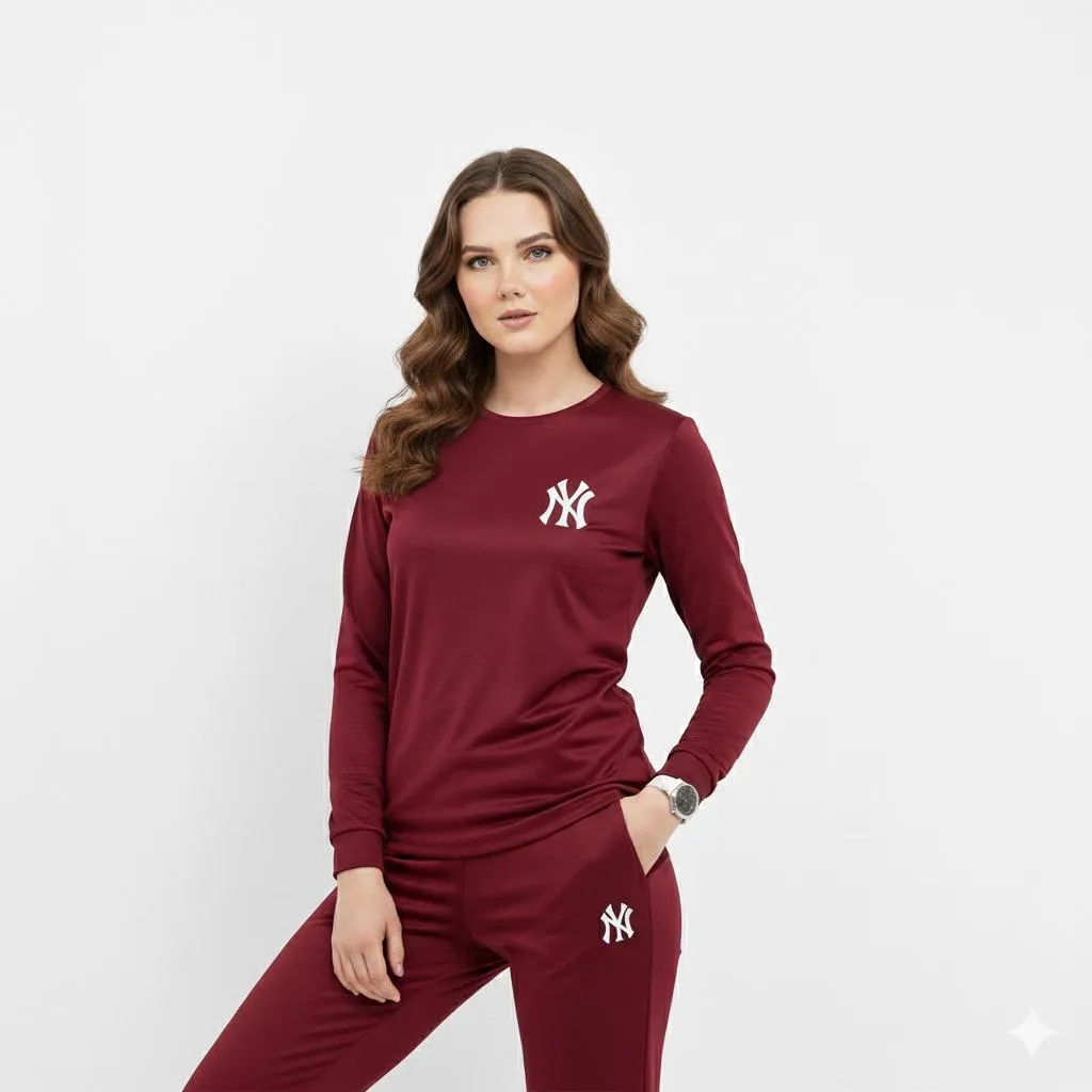 2 Pcs Women's Stitched Micro Interlock Printed Tracksuit MEHROON NY