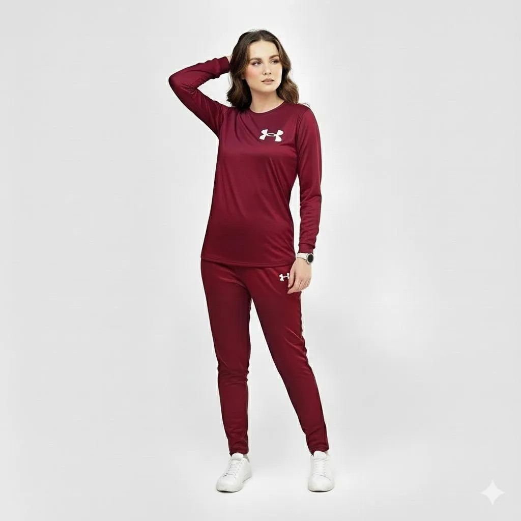 2 Pcs Women's Stitched Micro Interlock Printed Tracksuit MEHROON UND
