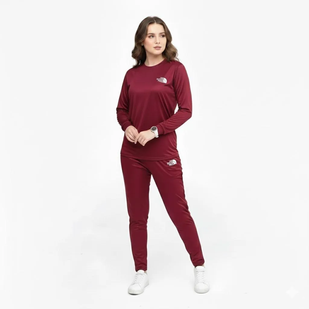 2 Pcs Women's Stitched Micro Interlock Printed Tracksuit MEHROON TNF