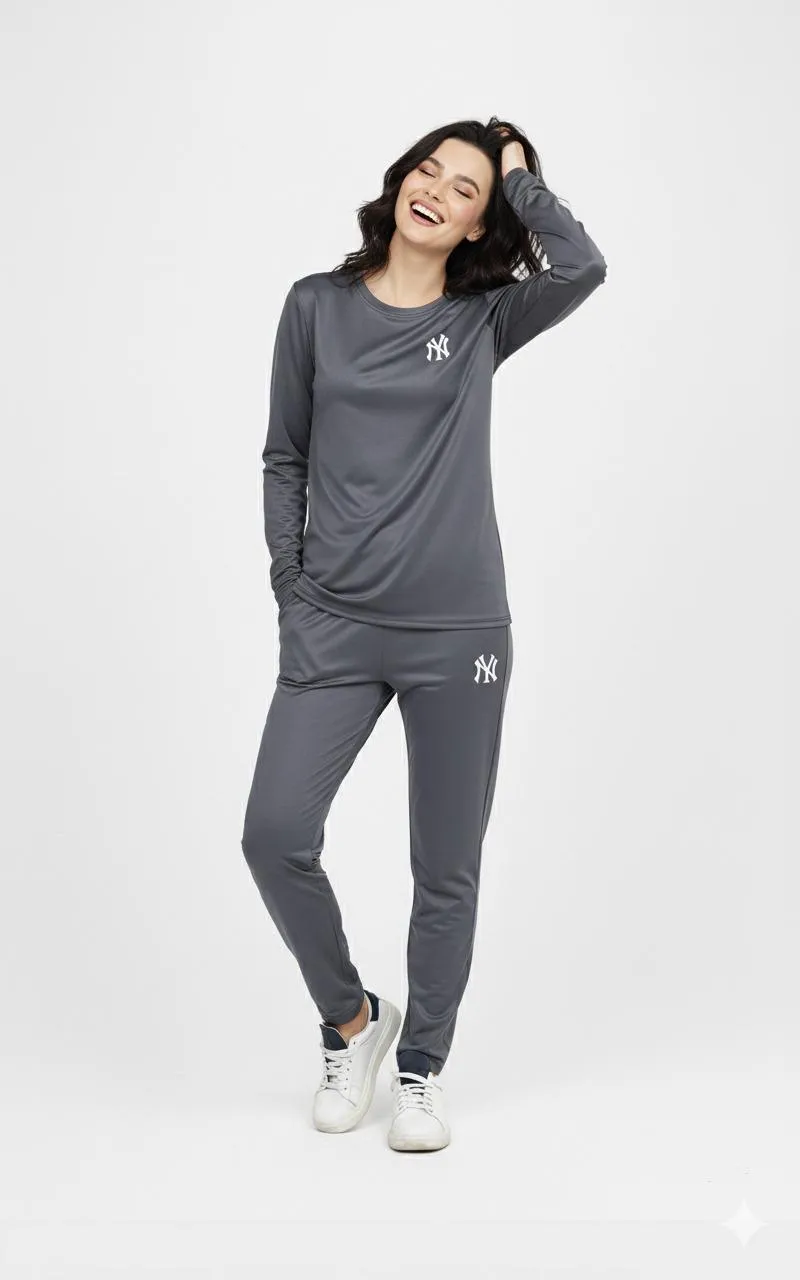 2 Pcs Women's Stitched Micro Interlock Printed Tracksuit GREY  NY 