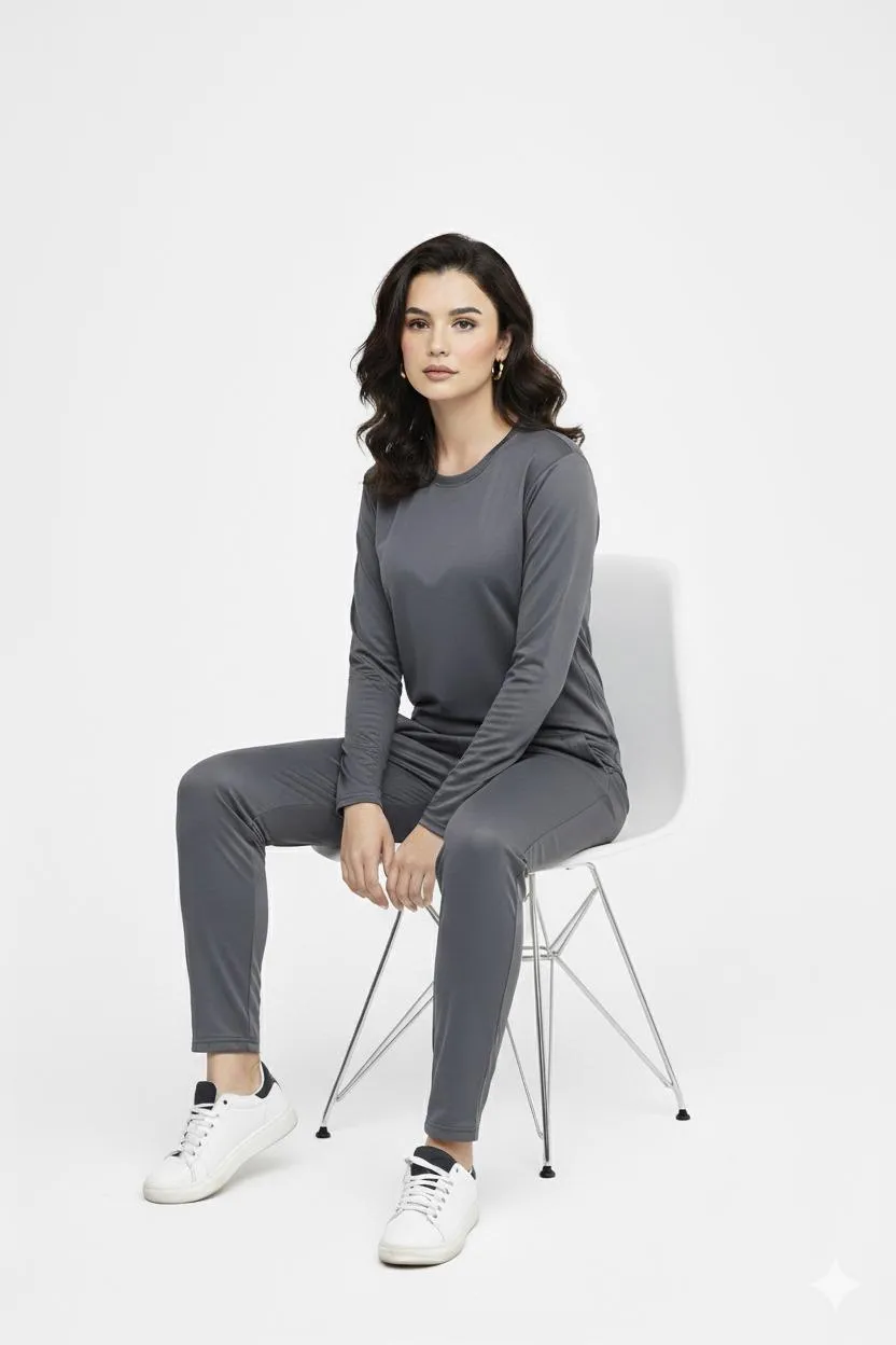 2 Pcs Women's Stitched Micro Interlock Plain Tracksuit GREY SIMPLE PLAIN