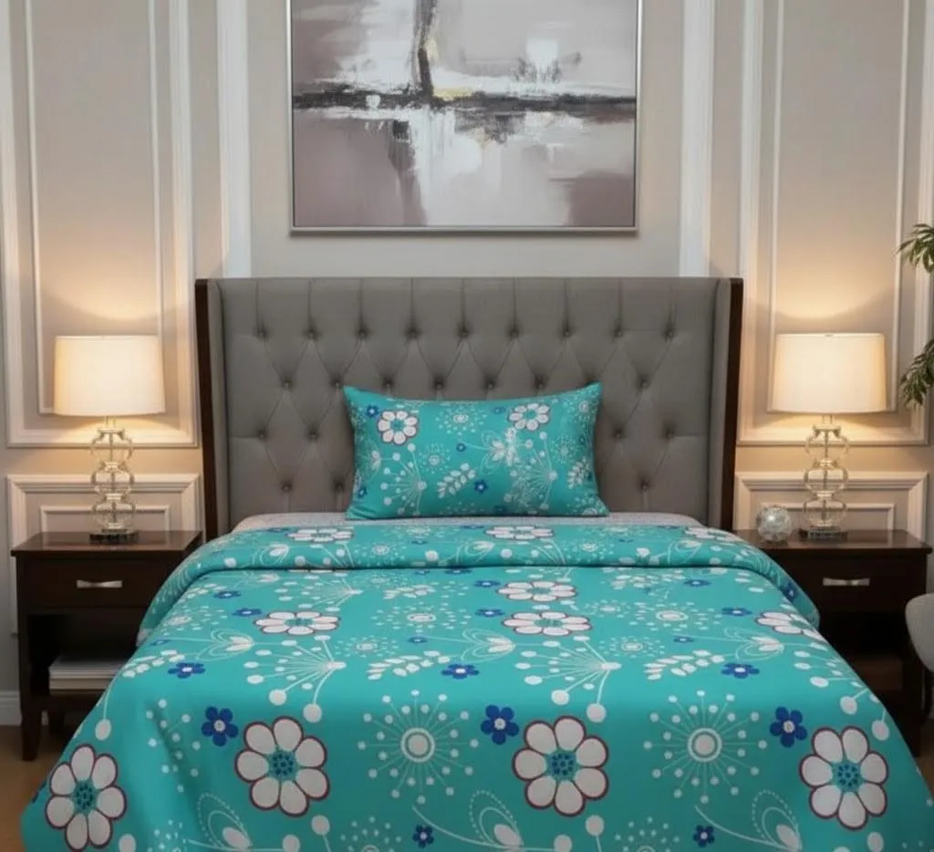 Fresh Aqua Blue Floral cotton Bedsheet Set-BS05