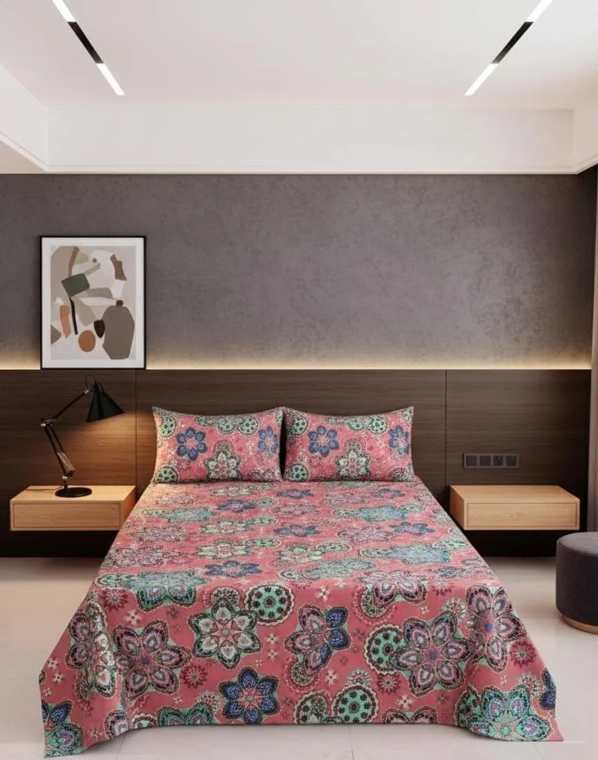 Elegant Floral Mandala Pink Cotton Bedsheet Set-BS02