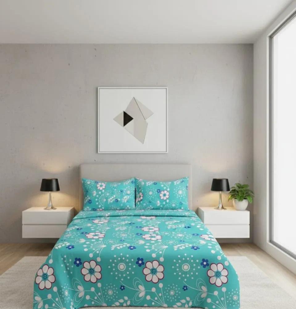 Fresh Aqua Blue Floral cotton Bedsheet Set-BS05
