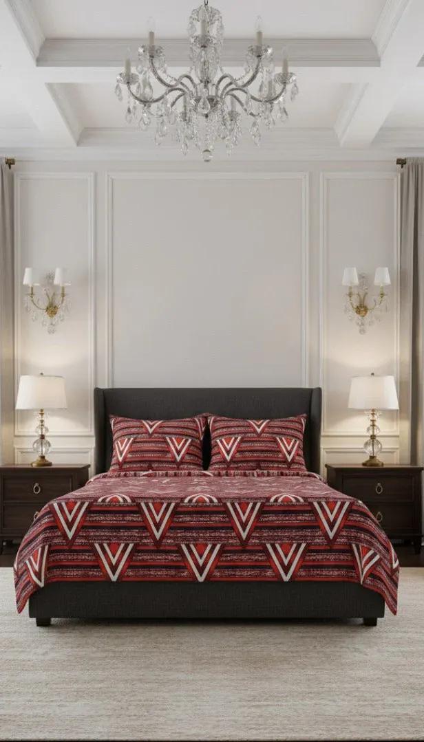 Crimson Geometric Elegance – cotton Bedsheet Set-BS11
