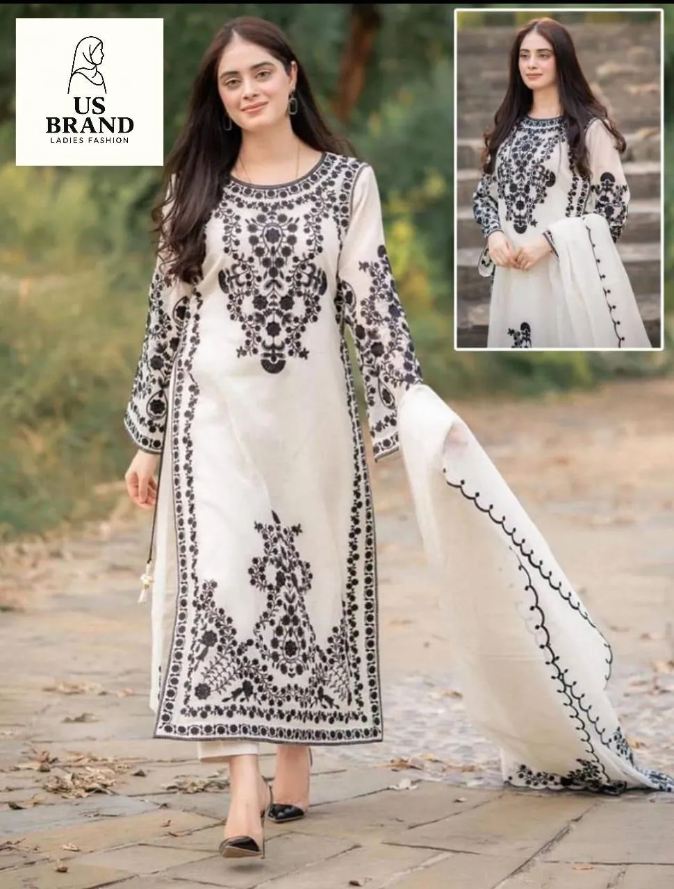 3 Pcs Women's Stitched Organza Embroidered Suit