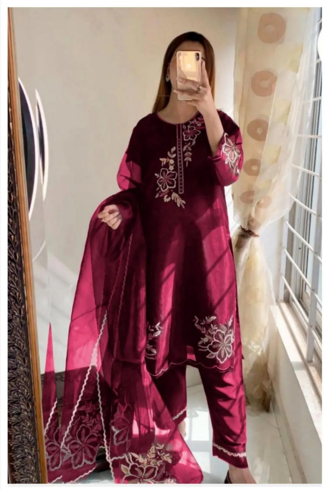 3 Pcs Women's Stitched Organza Sequins Embroidered Suit