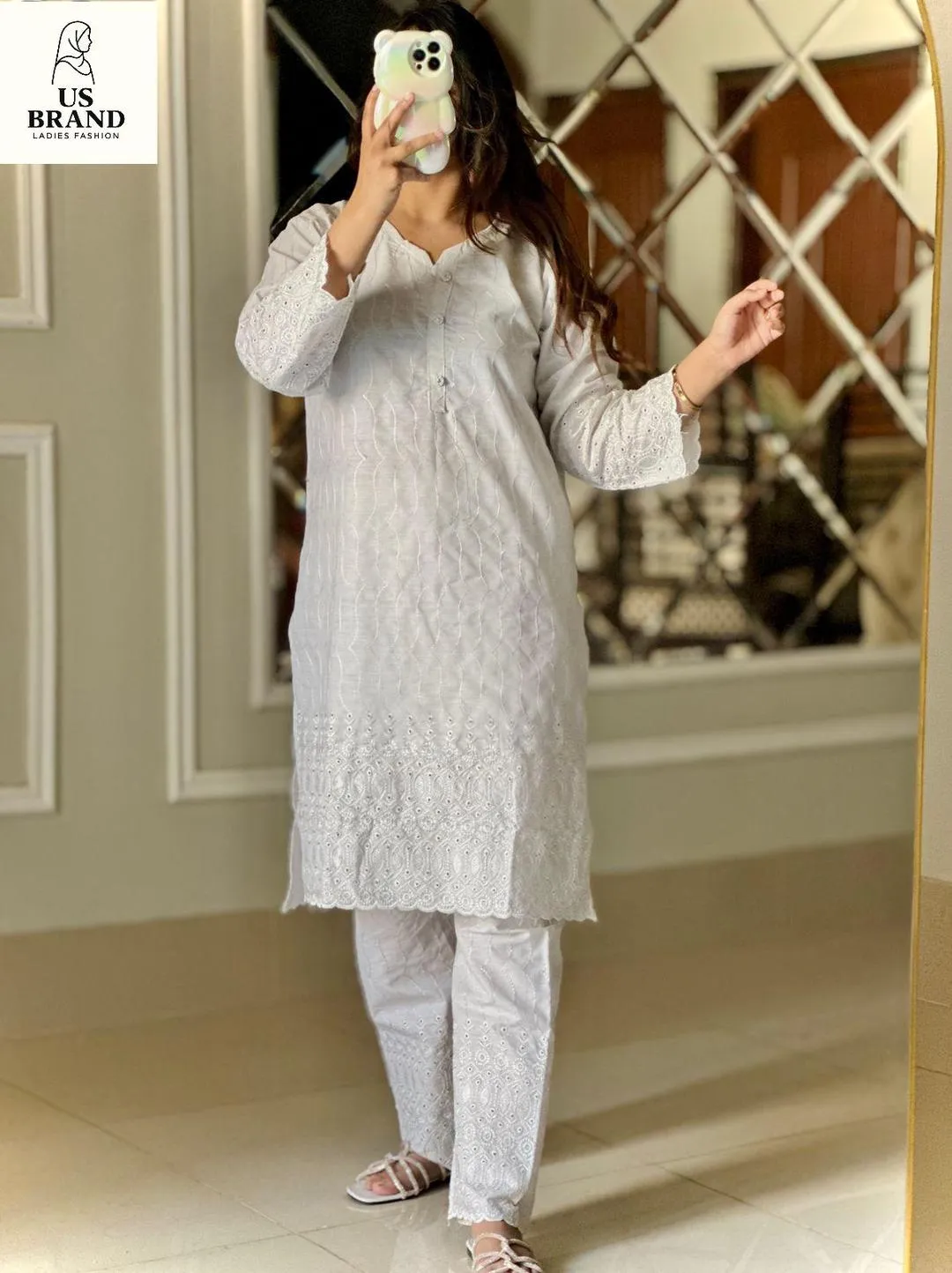 2 Pcs Women's Stitched Cotton Chikankari Embroidered Shirt And Trouser