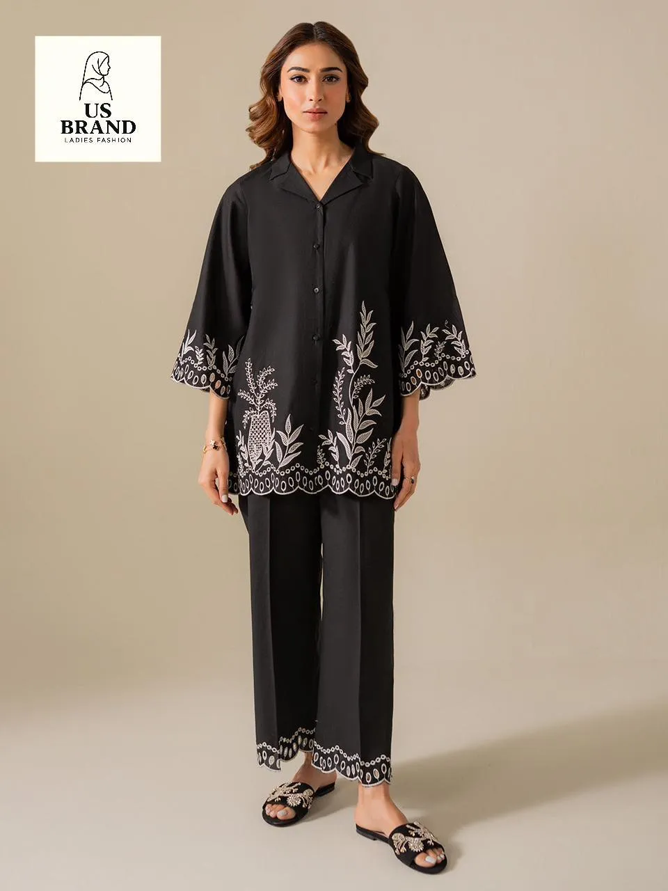 2 Pcs Women's Stitched Cotton Chikankari Embroidered Shirt And Trouser