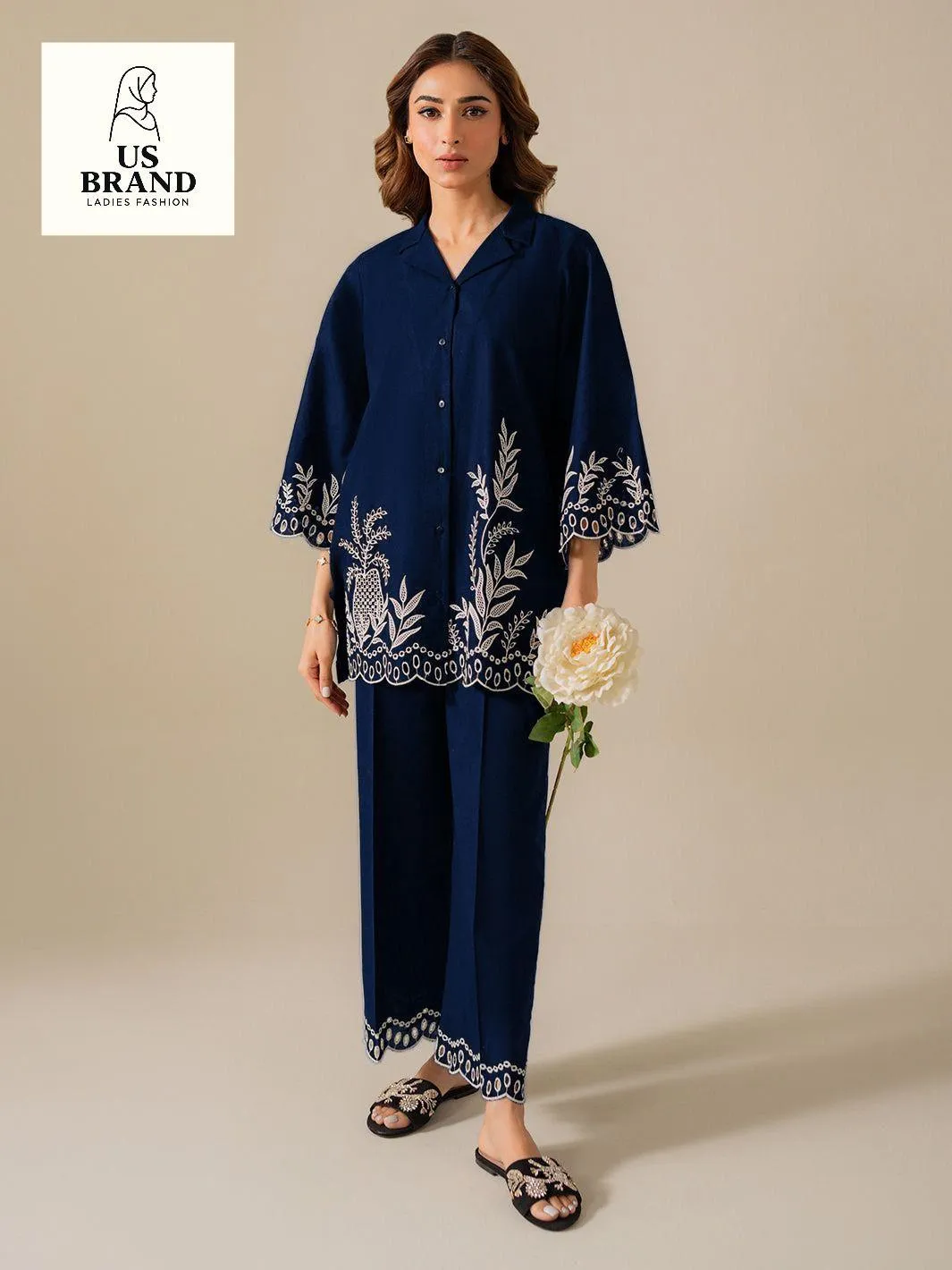 2 Pcs Women's Stitched Cotton Chikankari Embroidered Shirt And Trouser