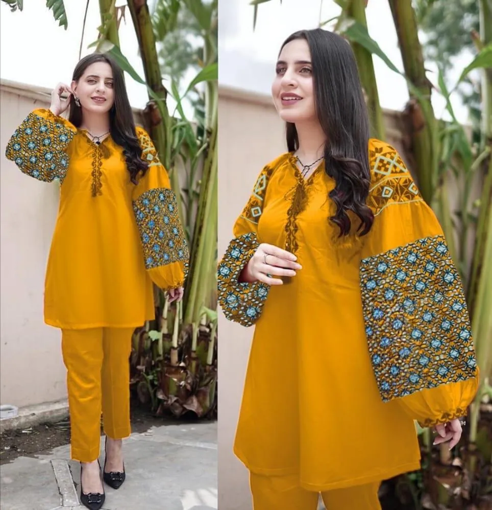 2 Pcs Women's Stitched Linen Sequins Embroidered Shirt And Trouser