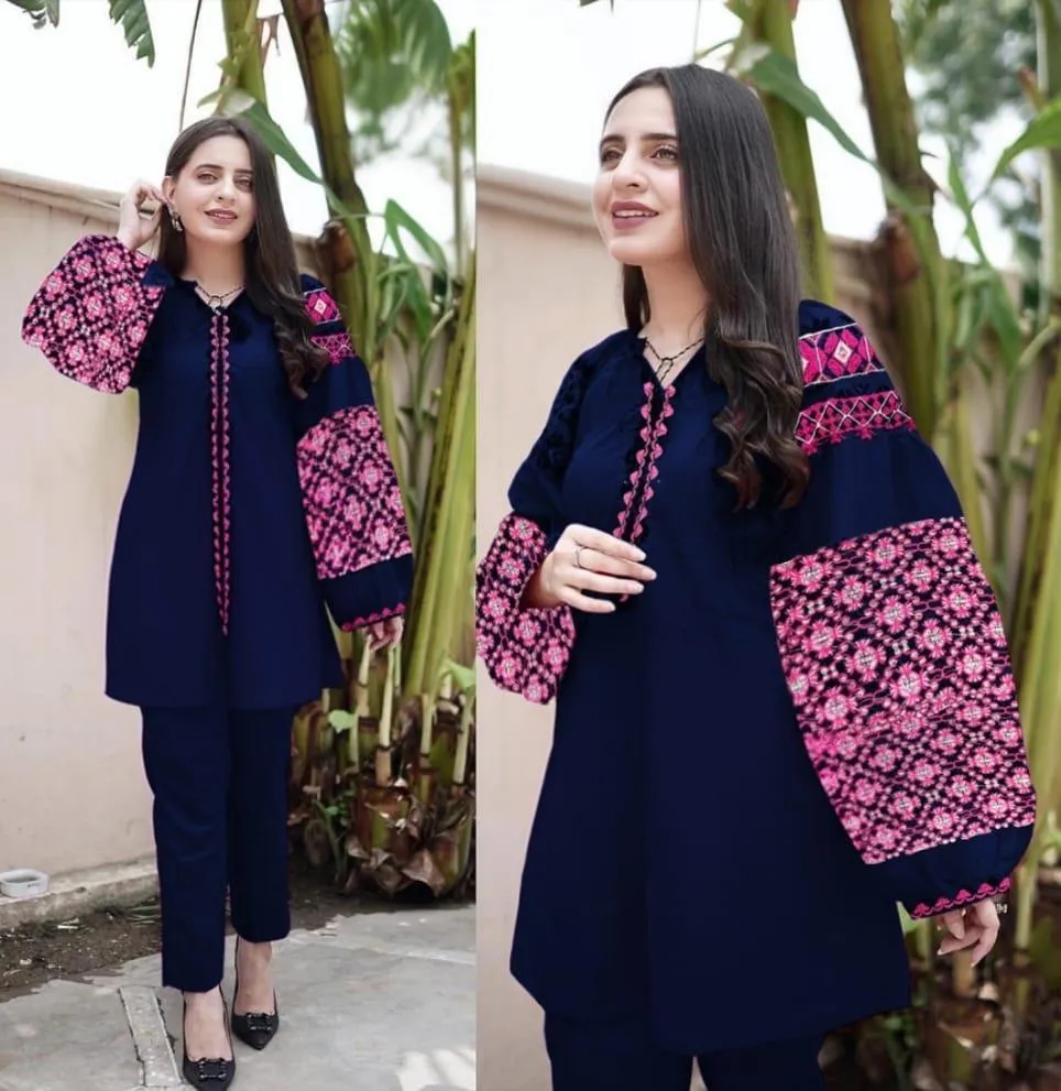 2 Pcs Women's Stitched Linen Sequins Embroidered Shirt And Trouser