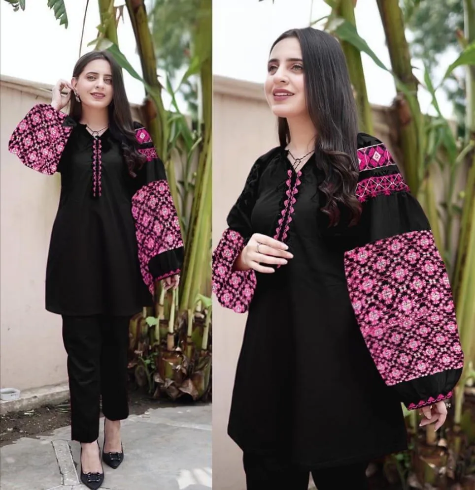 2 Pcs Women's Stitched Linen Sequins Embroidered Shirt And Trouser