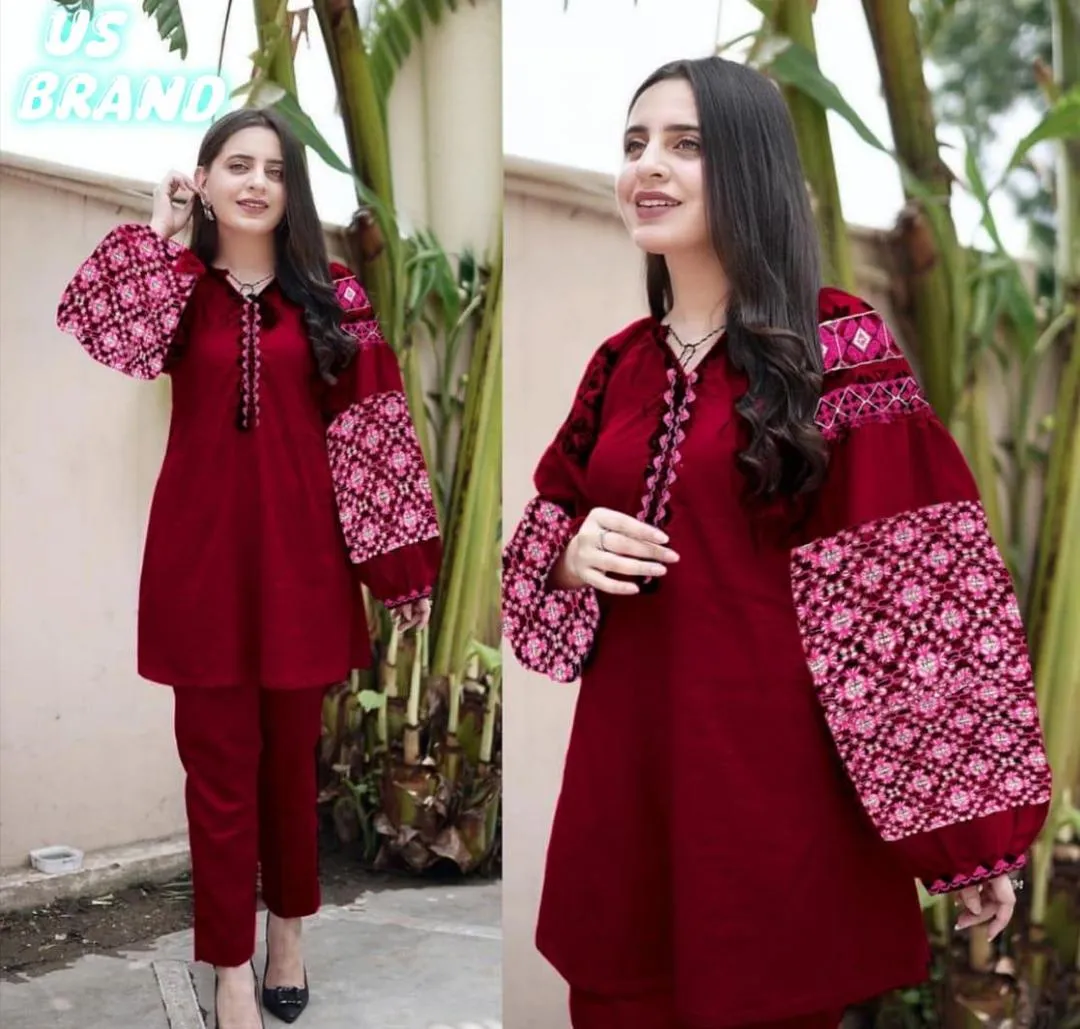 2 Pcs Women's Stitched Linen Sequins Embroidered Shirt And Trouser