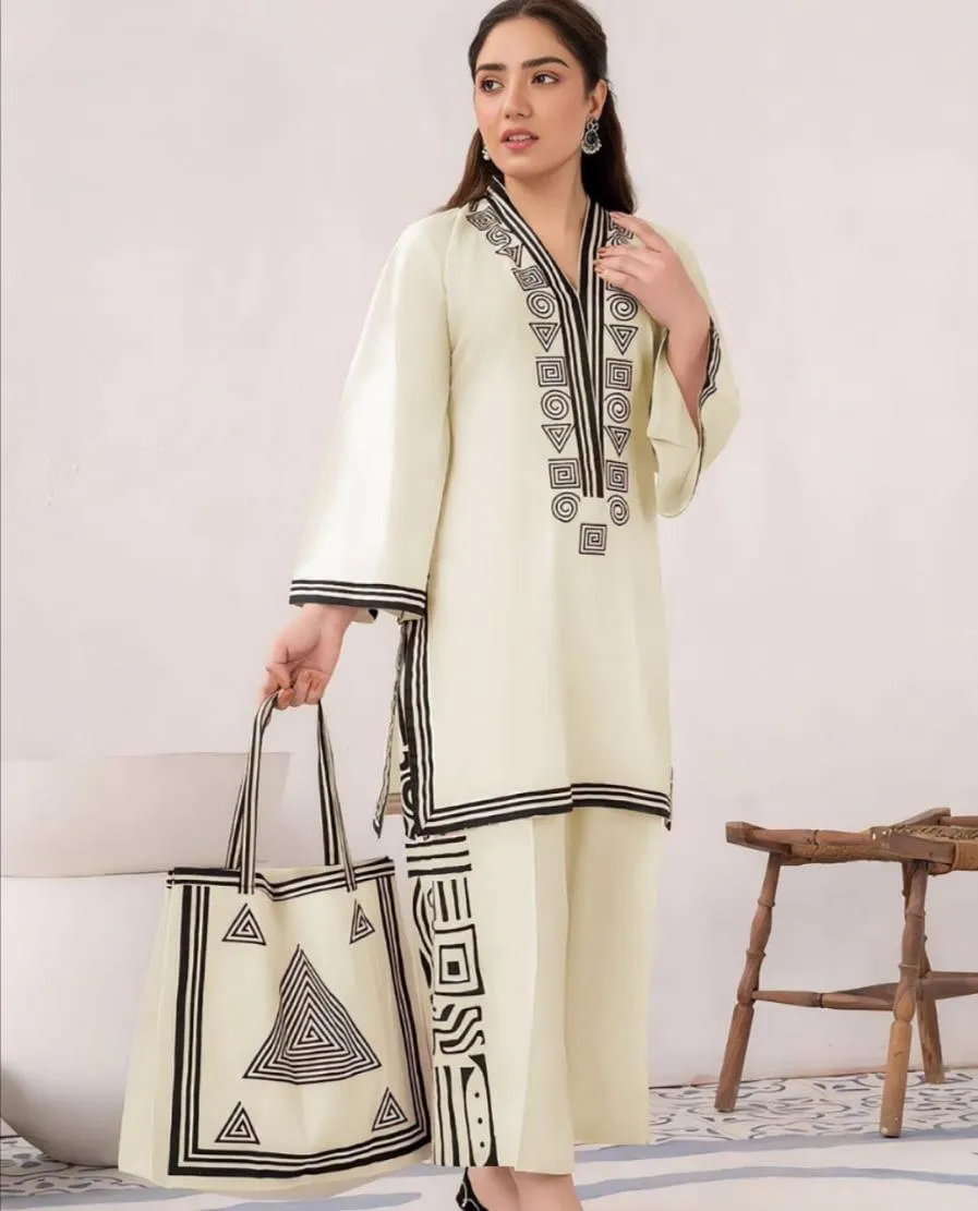 2 Pcs Women's Stitched Linen Printed Shirt And Trouser