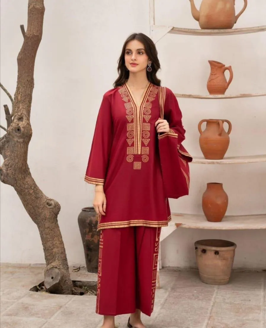 2 Pcs Women's Stitched Linen Printed Shirt And Trouser