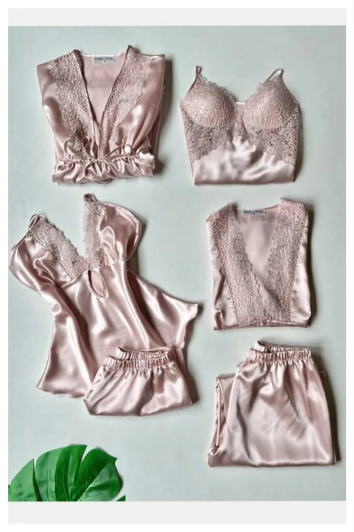 5 Pcs Women's Stitched Silk Plain Night Suit