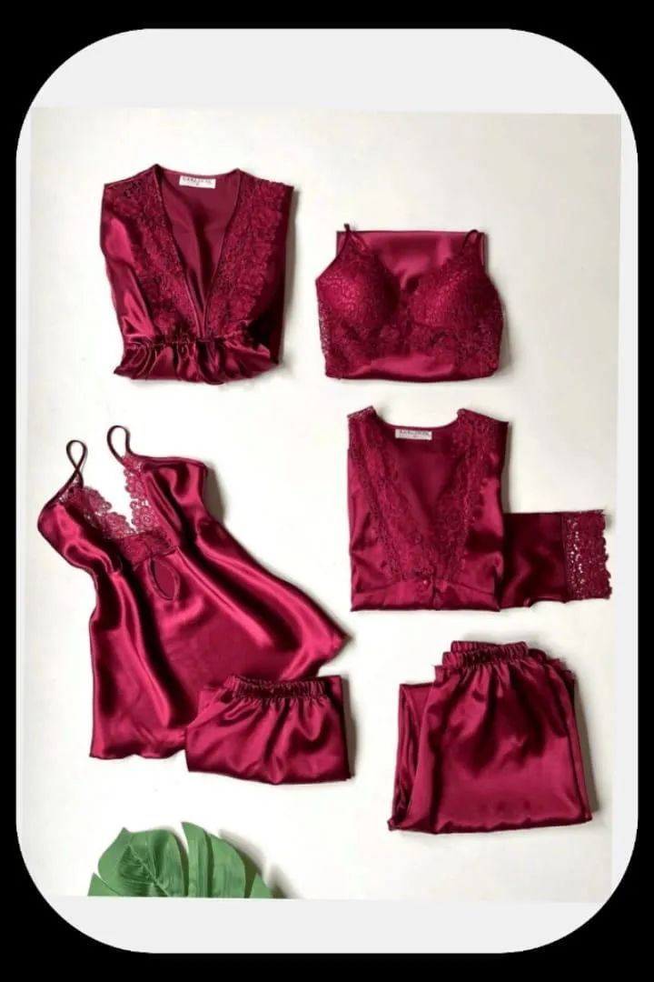 5 Pcs Women's Stitched Silk Plain Night Suit