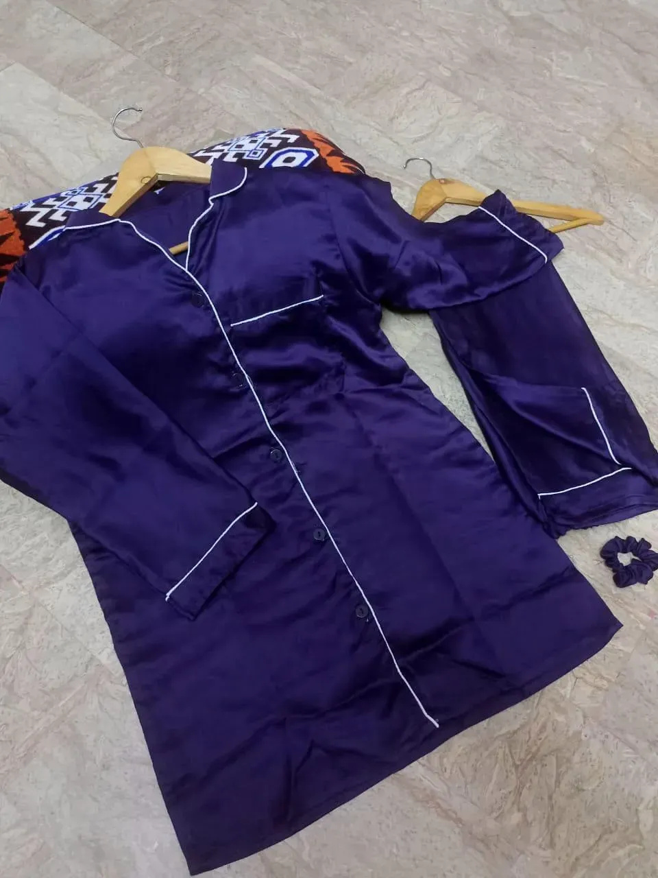 Purple Silk 3PC Night Suit for Women