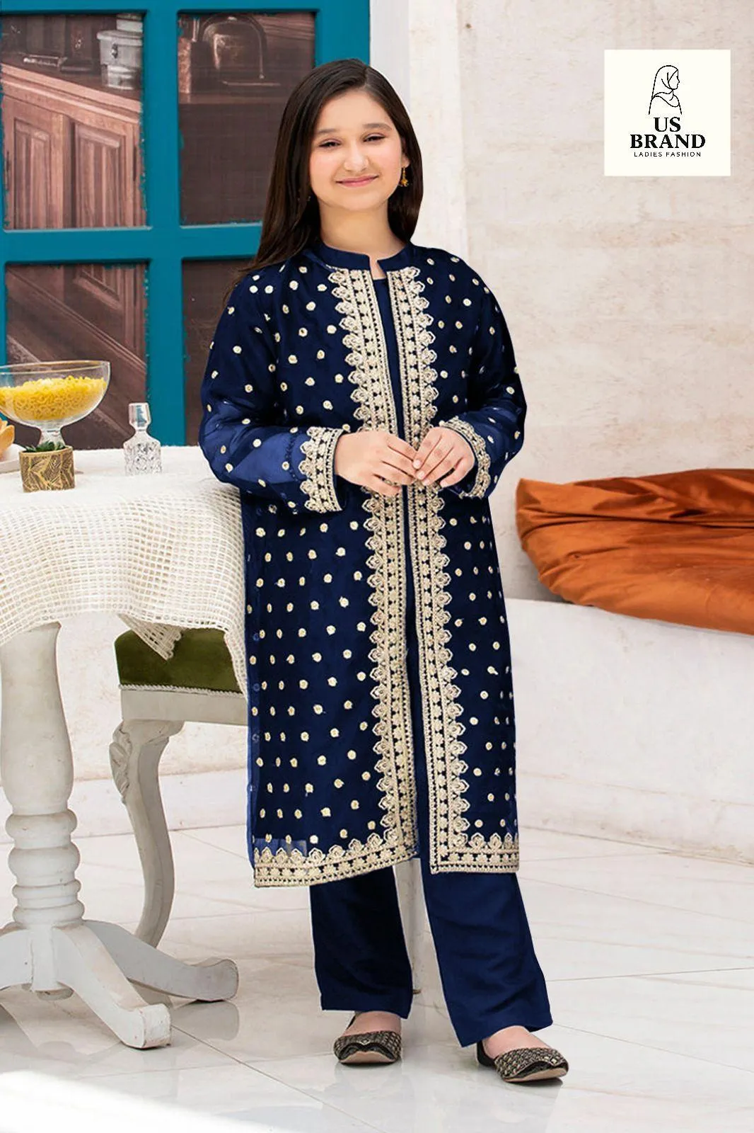 3 Pcs Girl's Shamery Embroidered Kurta And Trouser