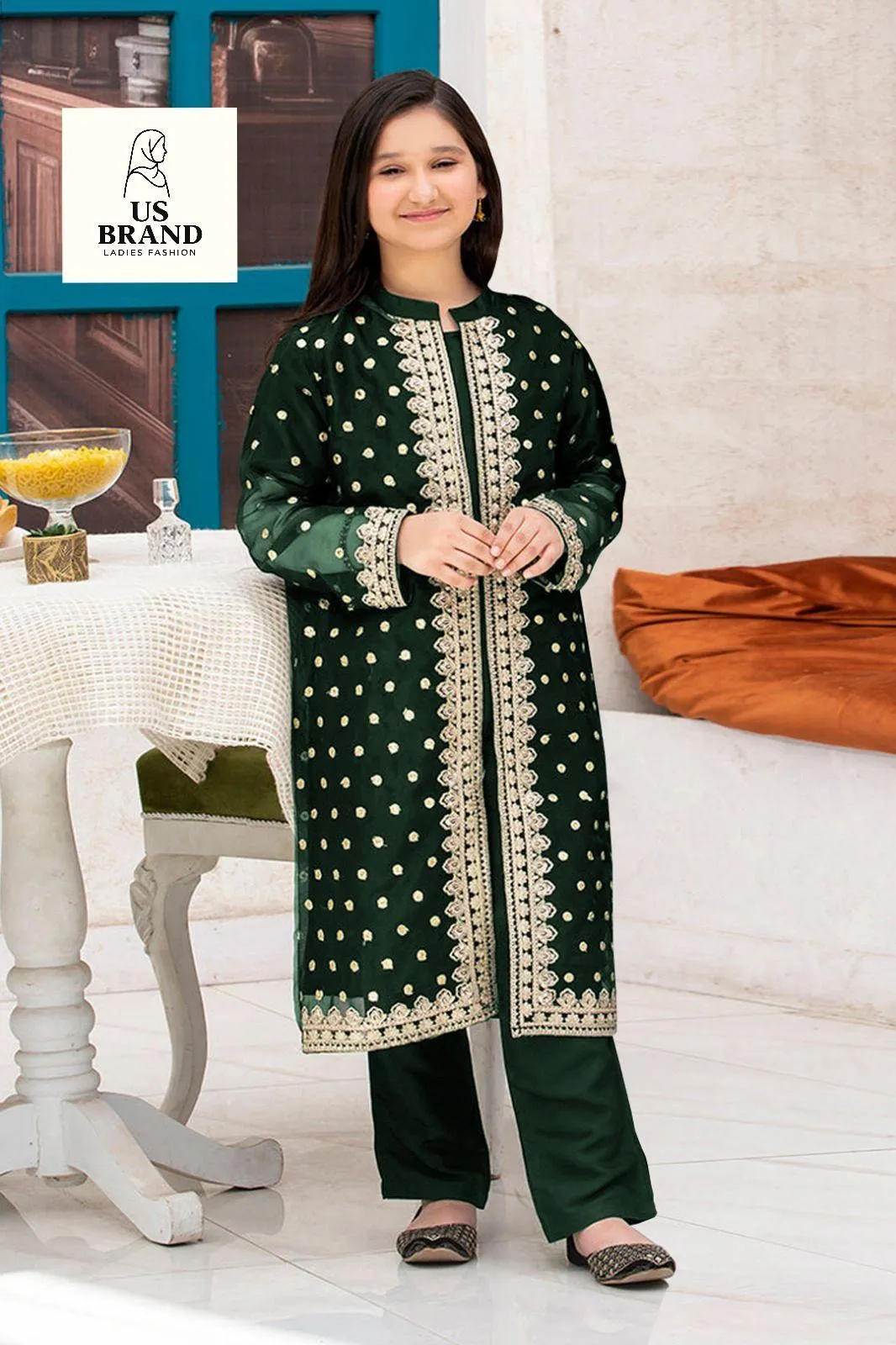 3 Pcs Girl's Shamery Embroidered Kurta And Trouser