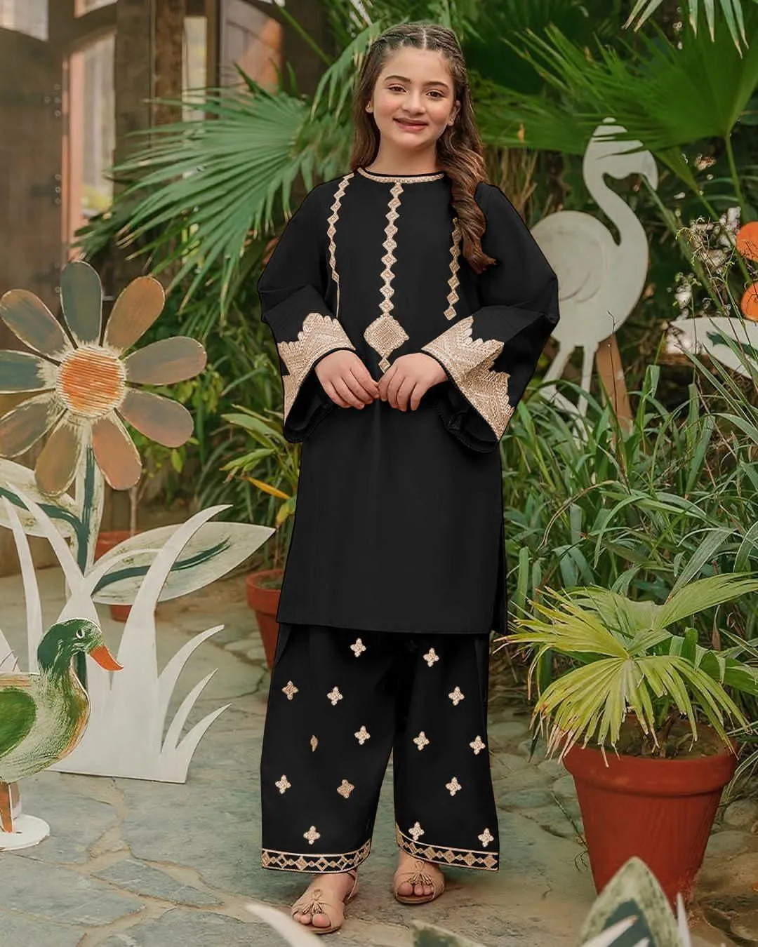 2 Pcs Girl's Cotton Embroidered Shirt And Trouser Suit