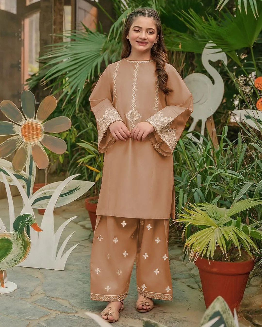 2 Pcs Girl's Cotton Embroidered Shirt And Trouser Suit