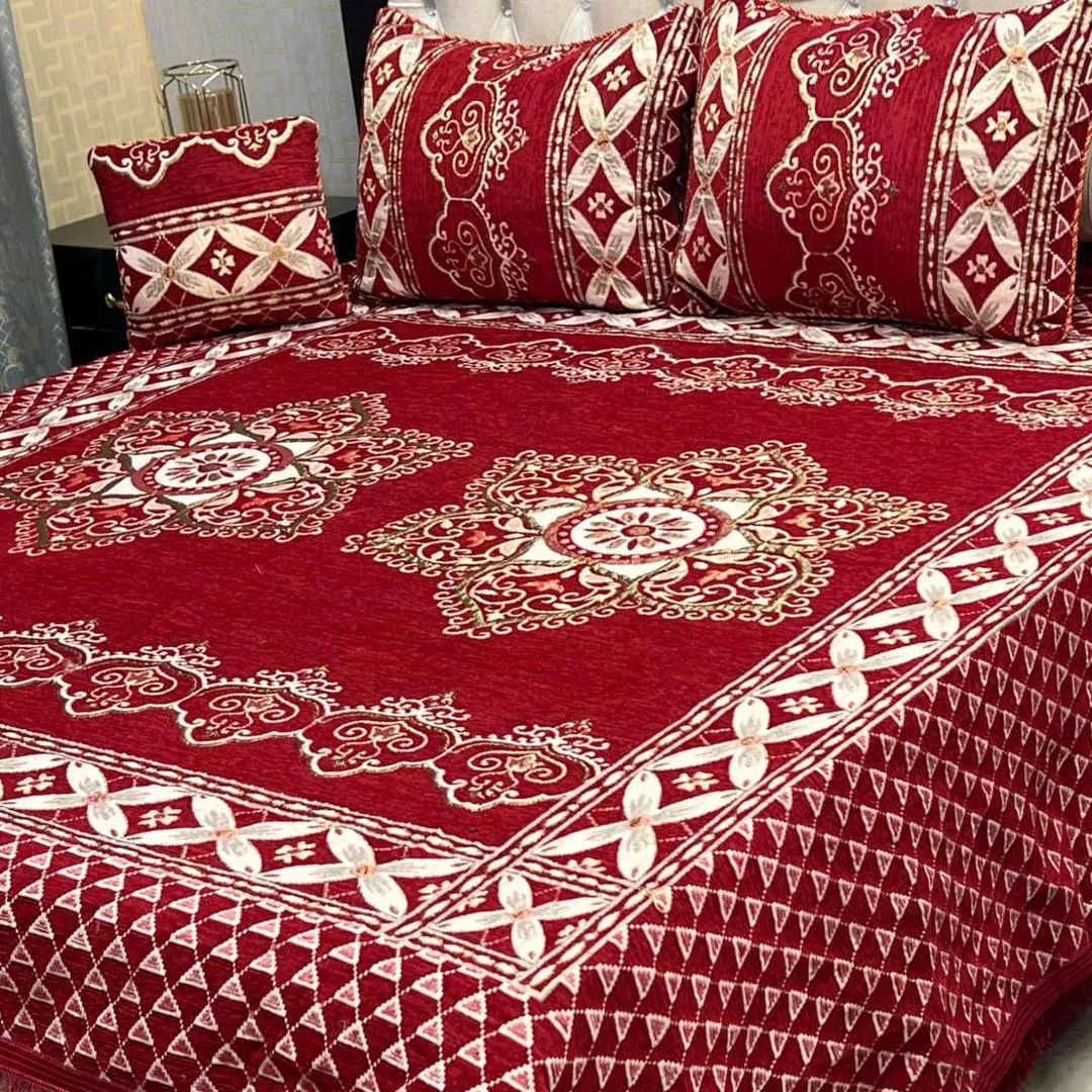 4 Pcs Velvet Jacquard Embroidered Double Bedsheet