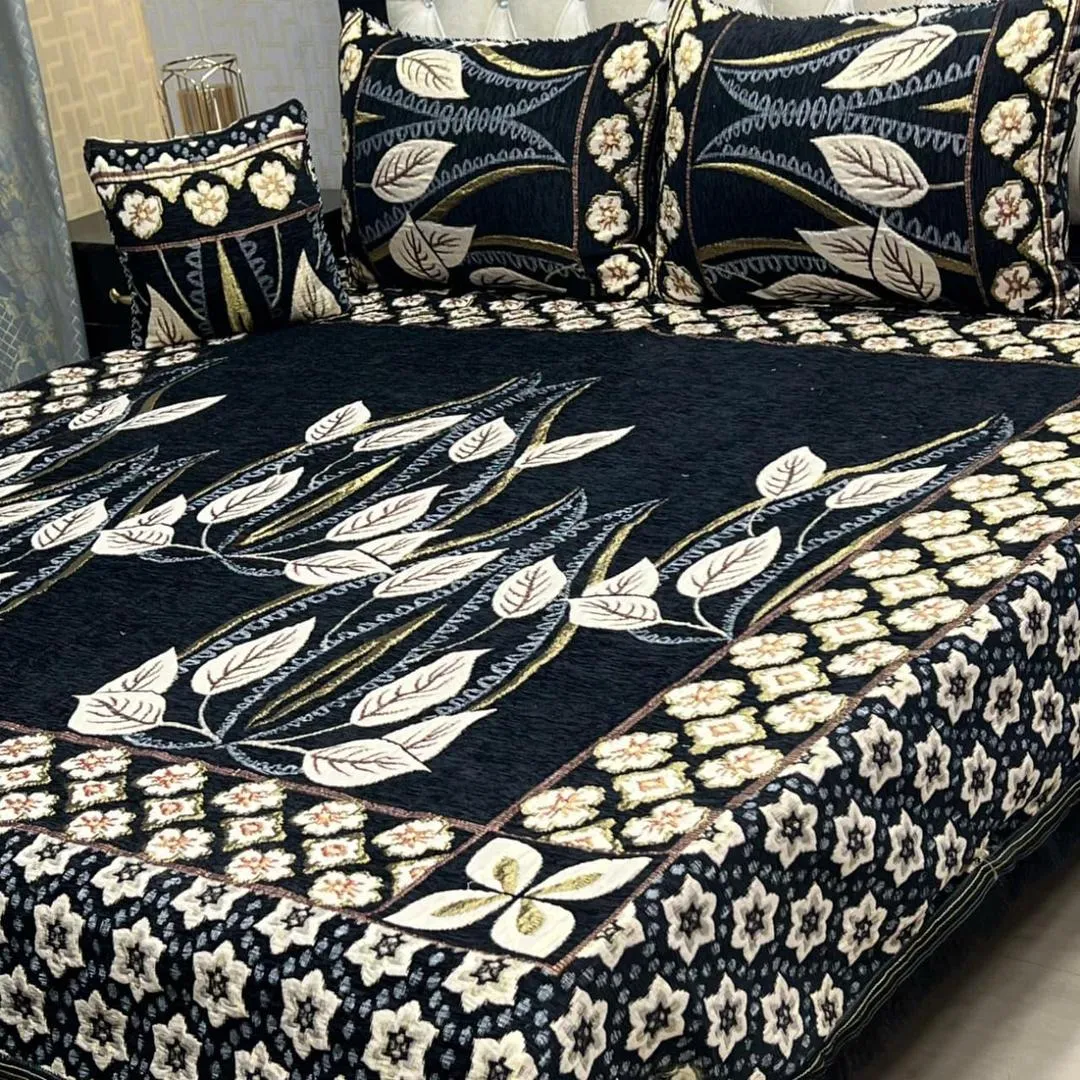 4 Pcs Velvet Jacquard Embroidered Double Bedsheet