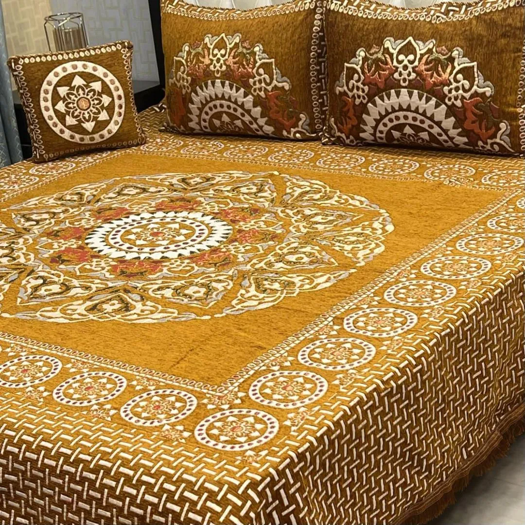 4 Pcs Velvet Jacquard Embroidered Double Bedsheet